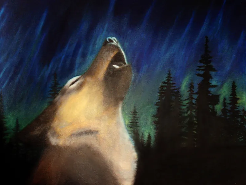 Northern Lights Wolf - Oil Painting